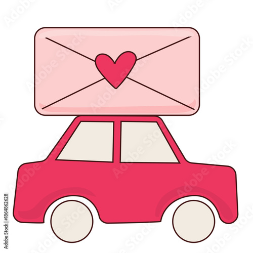 Romantic Pink Cartoon Toy Car with Love Letter Icon. Valentine Day or Wedding Greeting card Element 