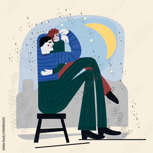 A man and a woman are sitting on a bench, looking at the moon. They hug each other like a couple or good friends. Scene is romantic and peaceful. Vector illustration.