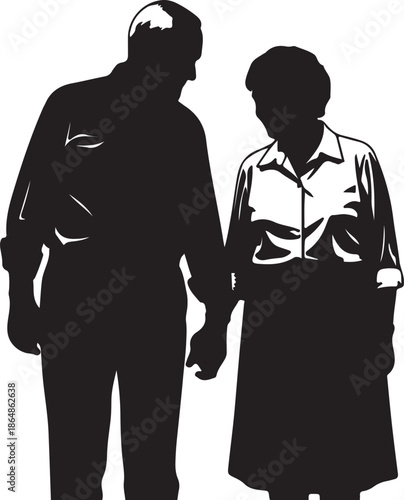 Silhouette of elderly couple holding hands together