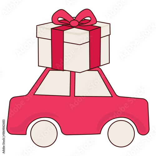 Romantic Pink Cartoon Toy Car with Gift Box Icon. Valentine Day or Wedding Greeting card Element 