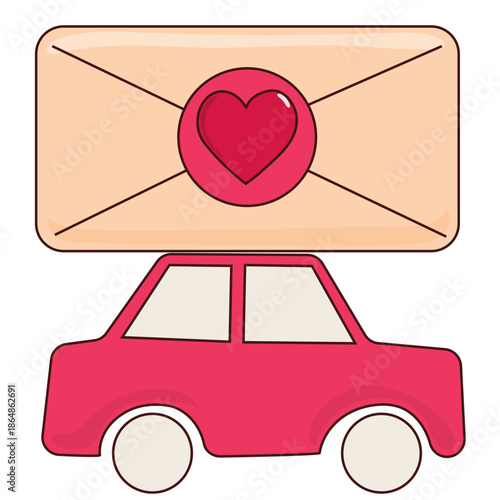 Romantic Pink Cartoon Toy Car with Love Letter Icon. Valentine Day or Wedding Greeting card Element 