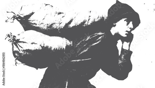 A woman carrying a large sack in black and white. This historical vector illustration showcases vintage photography with a classic style.