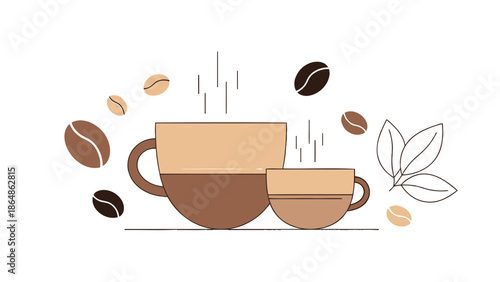 Two brown coffee cups with steam rising surrounded by coffee beans and leaves on white background, perfect for cafe or morning with hot