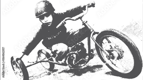Child riding a bike on the road. Vintage monochrome vector illustration depicting dynamic movement and outdoor recreation in a sporty set.