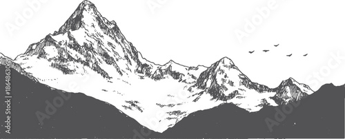 Mountain landscape sketch showing snow-capped peaks in black and white. Scenic outdoor vector illustration of wilderness with birds in the sky.