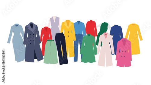 A vibrant collection of colorful business casual clothing items including coats dresses pants and shirts in various styles with fashion