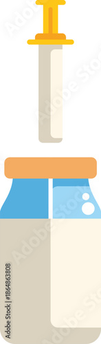 Cartoon illustration of a vaccine bottle being injected with a syringe containing liquid medicine