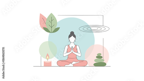Woman in pink activewear sitting in lotus position with hands together in prayer in front of face surrounded by calming plants with yoga