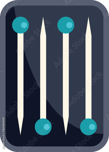 Sewing pins with blue rounded heads are neatly arranged inside a rectangular box, ready for tailoring and dressmaking