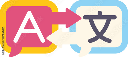 Two speech bubbles exchanging from english alphabet to chinese character with arrows, representing language translation