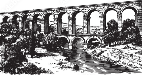 Aqueduct structure with arches over a river in a black and white vector illustration. This classic artwork features detailed landscape elements.