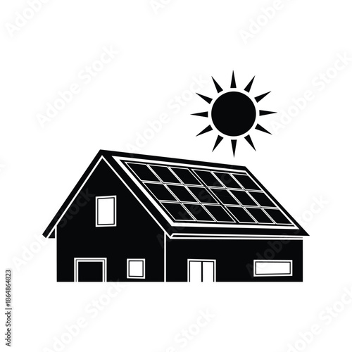 House with solar panels on roof under sun