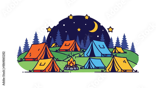 Colorful illustration of tents and campfire under starry night sky with crescent moon in forest clearing with camping and stars