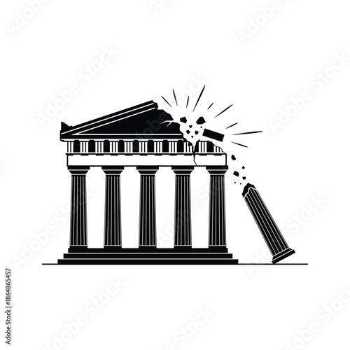 Ancient greek temple collapsing with broken column