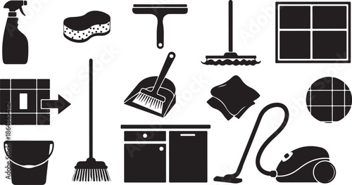 Cleaning tools and supplies icons in black and white