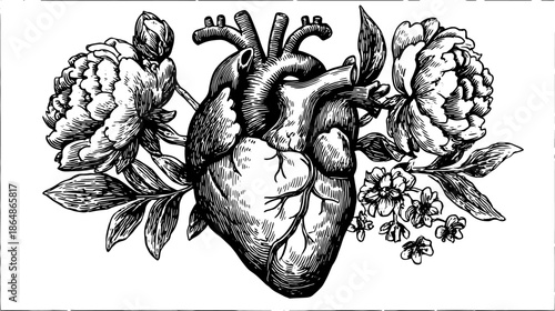 Heart and peony flowers in black and white. Vintage line drawing vector illustration showcasing detailed anatomy and floral design.