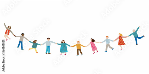 A diverse group of people connected in a colorful human chain illustration