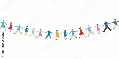 A colorful line of paper cutout people holding hands in a chain