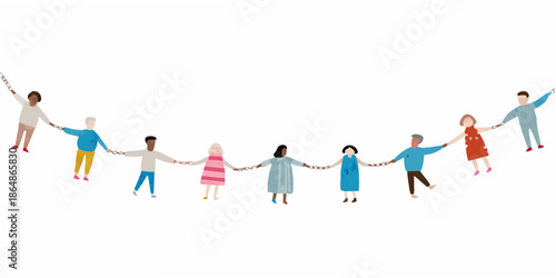 A diverse group of people holding hands in a connected line illustration