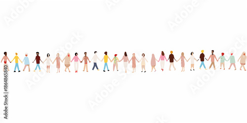 A diverse group of people holding hands in a long line