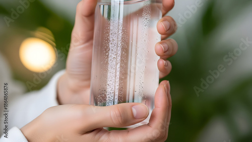 Hands Holding a Glass of Sparkling Water with Green Plant Background