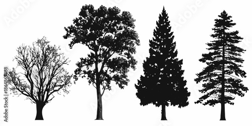 Silhouette collection of diverse tree types against a white background