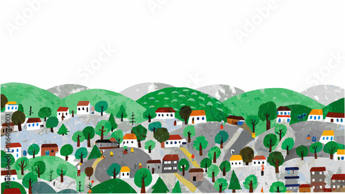 A colorful illustration depicting a quaint village nestled among rolling green hills