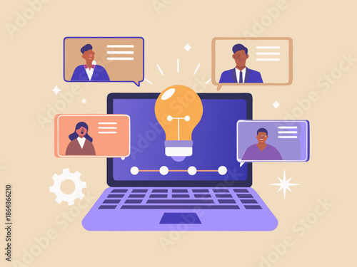 Collaborative online meeting with diverse participants and a bright idea concept