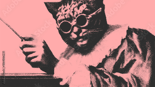Vintage cat illustration wearing spectacles and holding a wand. The playful graphic is colorful and unique, featured as a whimsical vector set.