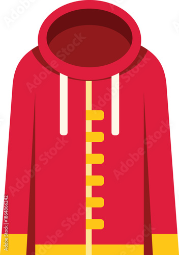 Red casual hoodie with yellow cuffs, toggles fastening and a drawstring hood, perfect for a relaxed and comfortable style