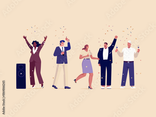 Celebration with colleagues a joyful team with confetti and a speaker system