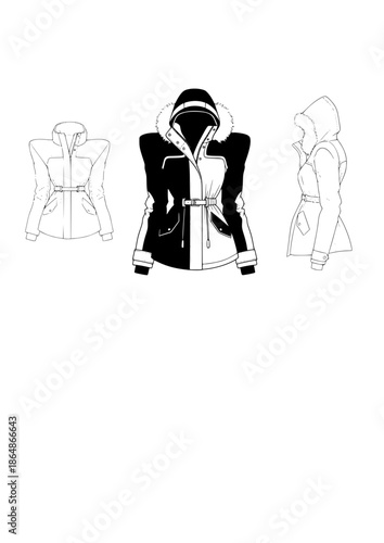 Sculpted Suiting Fashion Silhouette for 1980s Power Shoulder Trend 2026 Winter Parka and Cinched Waist Alpine Luxury Style Concept Vector