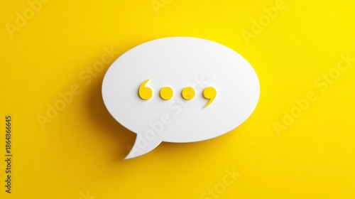 A white speech bubble with quotation marks on a bright yellow backdrop. The shape is 3D with long shadows