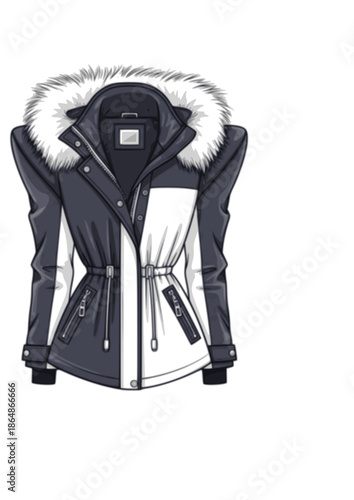 Sculpted Suiting Fashion Silhouette for 1980s Power Shoulder Trend 2026 Winter Parka and Cinched Waist Alpine Luxury Style Concept Vector