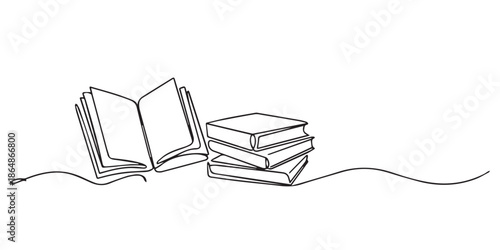 book monoline illustration of open book upright spines and stack icons