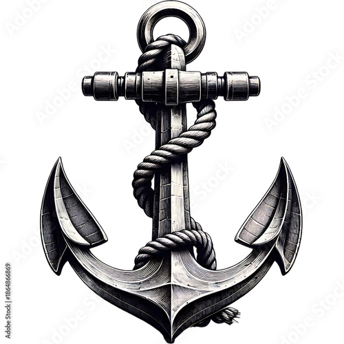 A Nautical Symbol of Steadfastness: A detailed close-up of a classic anchor with a coiled rope. Its strong lines and sturdy build convey a sense of stability and reliability.
