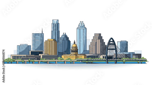 Dynamic vector illustration capturing a vibrant urban skyline with contemporary high-rise buildings, a majestic domed government building, 
