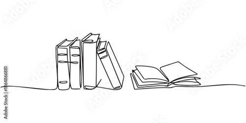 book vector line drawing of books open upright and stacked