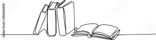 book continuous line illustration of open and stacked books