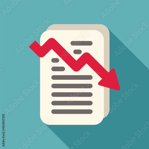 Red arrow pointing down over business report, representing financial crisis and economic recession