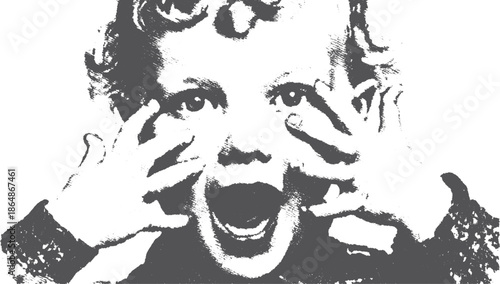 Child face showing surprise with hands on the sides. Black and white high-contrast vector illustration capturing an emotional reaction in an artistic set.