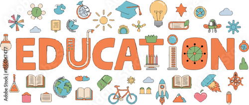 education poster with books globe cap microscope and lab elements icons