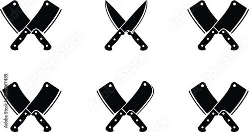 Set of six crossed butcher knives, cleavers, and kitchen utensils in black silhouette style, representing meat, cooking, or restaurant logo design elements isolated on white background.