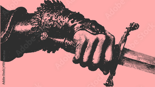 Vintage sword held firmly in a hand. Elegant vector illustration with detailed texture, suitable for historical themes or design projects.