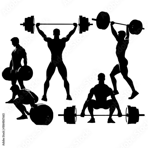 Strength in Silhouette: A powerful display of human strength and dedication in the gym, featuring multiple weightlifters silhouette during intense workout sessions.