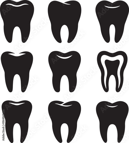 Collection of stylized tooth shapes representing dentistry and human teeth