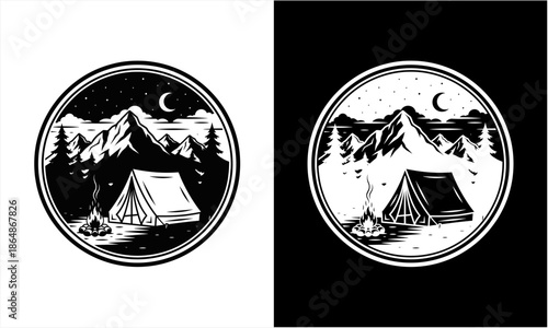 Camping in the Mountains at Night with Tent and Campfire.