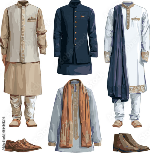 Create a kinds of deferent modern man Eid fashion dress vector art with white background.