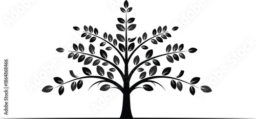 Black silhouette of a leafy tree with symmetrical branches and dense foliage, nature symbol icon isolated on white background, environment