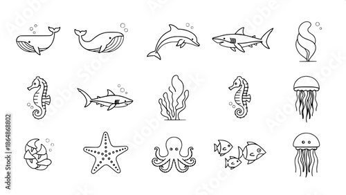 Marine wildlife icon set, minimalist vector symbols, simple contours, logo and app ready